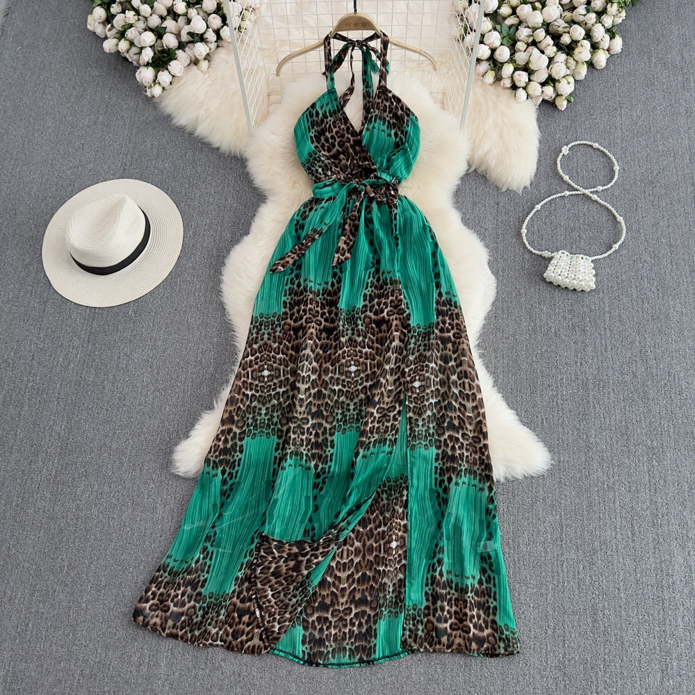 Vintage Boho Sexy Halter Neck Leopard Print Summer Maxi Dress