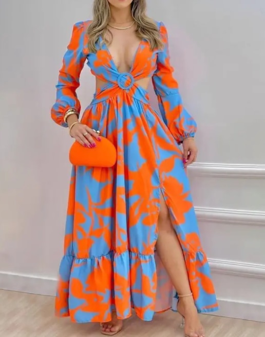 Long Sleeved Cutout V-Neck Twist Summer Elegant Tie Dyed Floral Printed Lantern Sleeve Split Maxi Dress