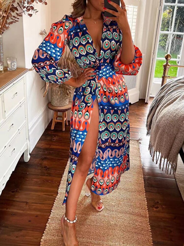 Sexy  Colorful Print Boho Beach Tie-Up Wrap Split Dress