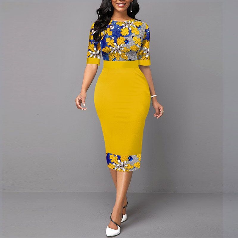 Floral Print Patchwork Yellow Elegant Office Dress