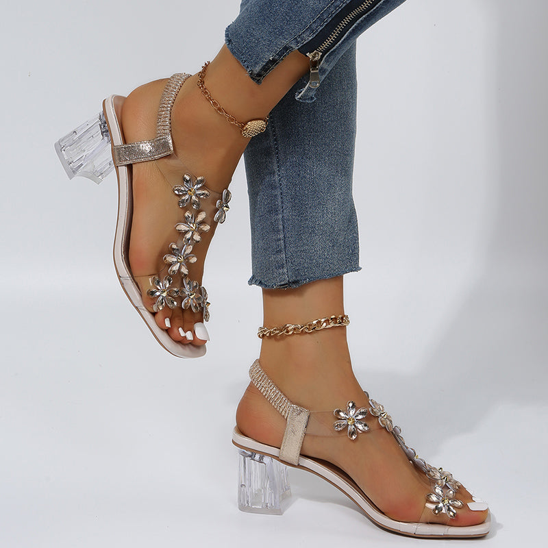 Crystal Flower Decoration Chunky Heel Peep Toe Back Strap Sandals
