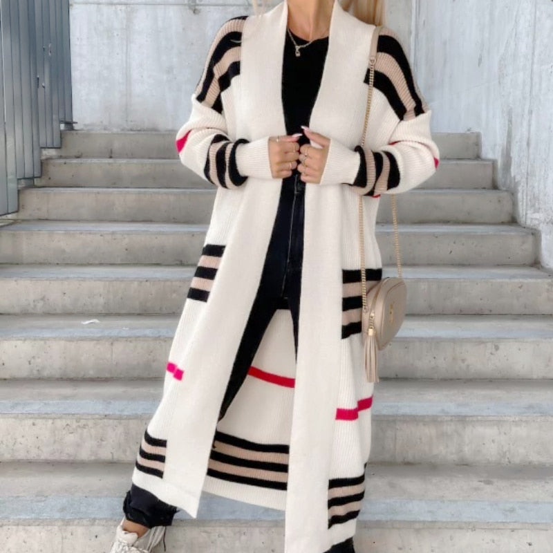 Striped Patchwork Maxi Sweater Coat