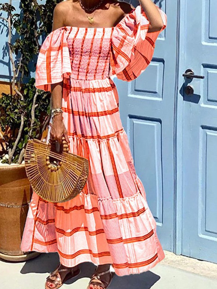 Summer Plaid Print A-line Off the shoulder Boho Beach Dress