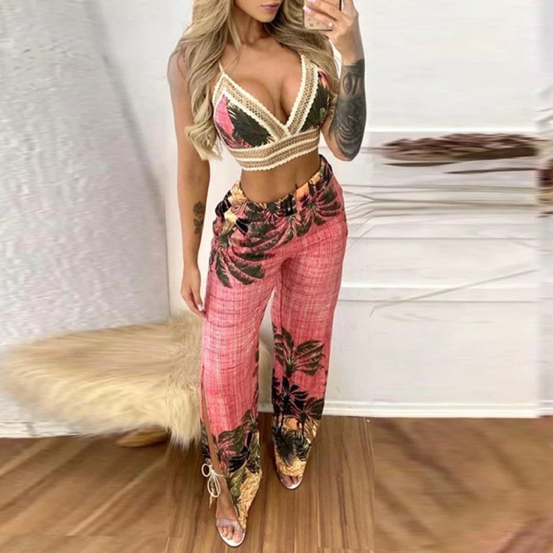 Tropical Print Lace Trim Crop Top & Slit Pants Set