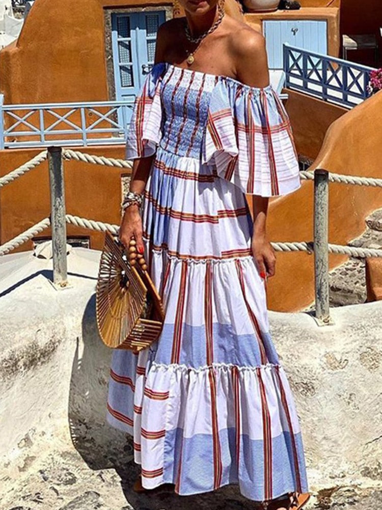 Summer Plaid Print A-line Off the shoulder Boho Beach Dress
