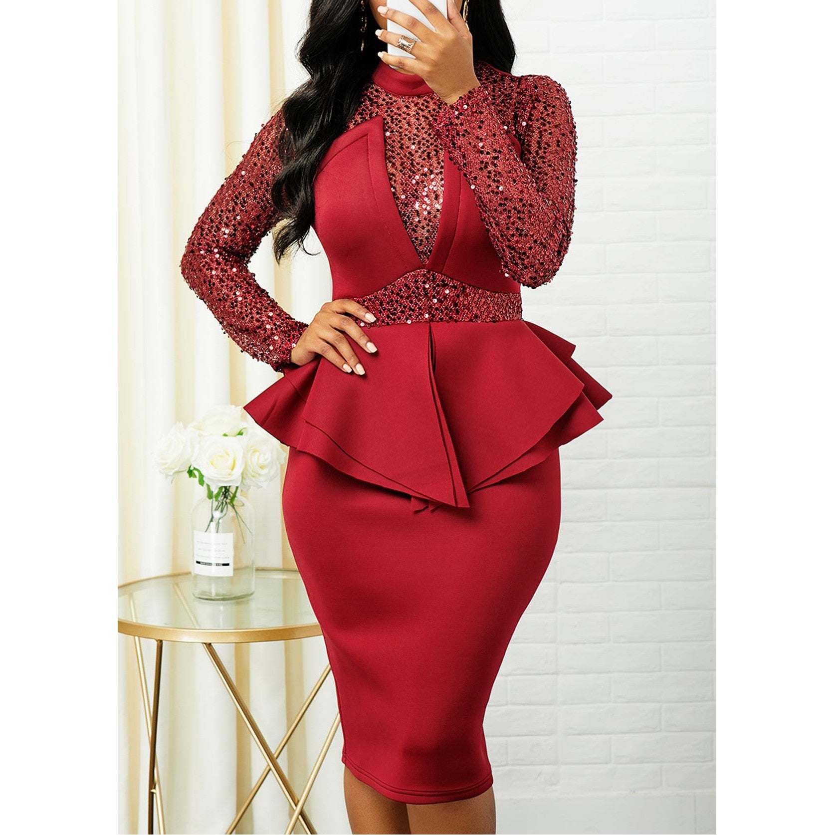 Autumn Winter Fashion Solid Color Plus Size   Simple Sequined Dress