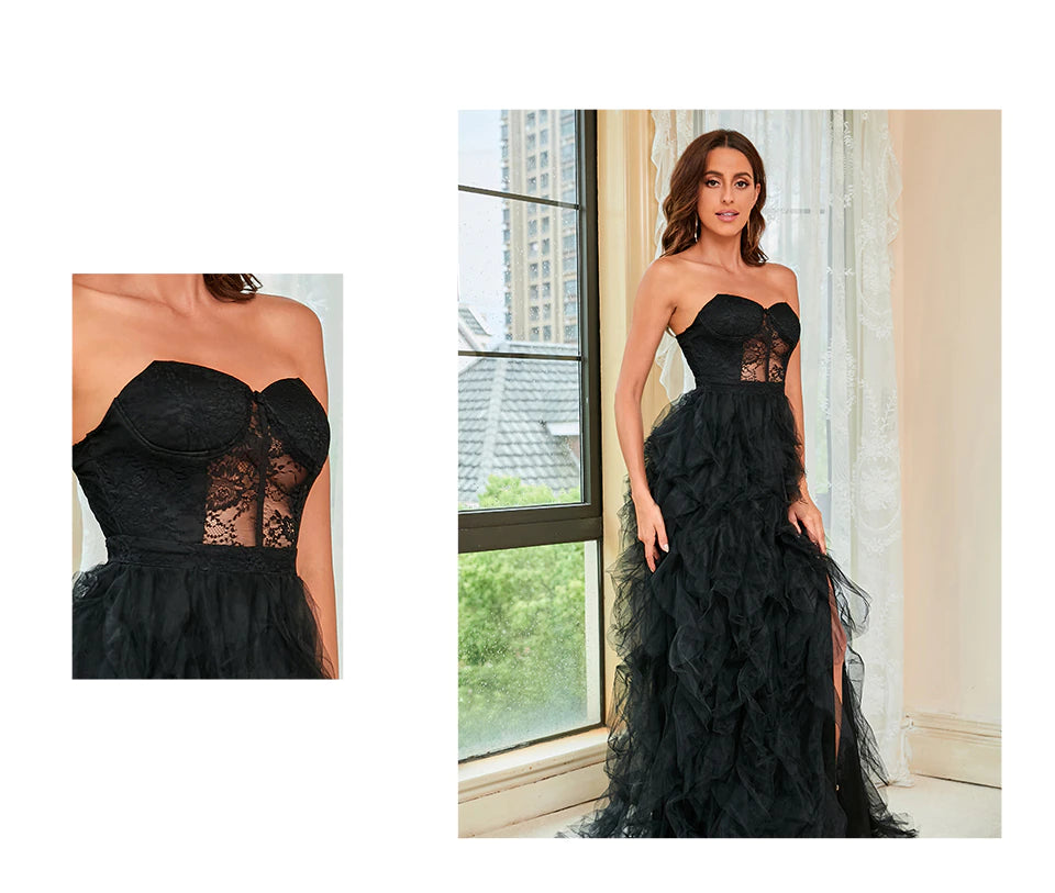 Elegant Evening Strapless Sleeveless A-shaped Floor-Length Lace Dress