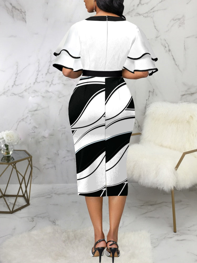 Black and White Ruffle Sleeve Bowtie Bodycon Print Dresses