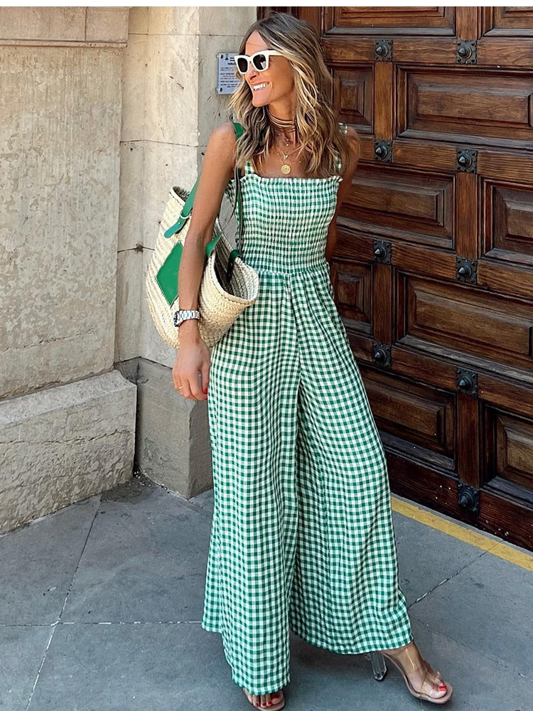 Summer Vintage Holiday Spaghetti Strap Elegant Boho Plaid Jumpsuit