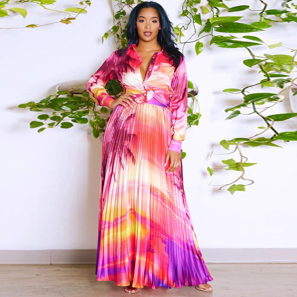 Vintage Tie Dye Leaf Printed Long Sleeve Shirt and Pleated Maxi Skirt