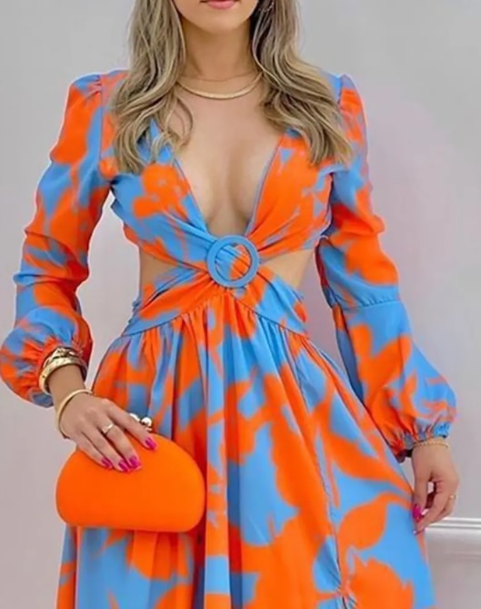 Long Sleeved Cutout V-Neck Twist Summer Elegant Tie Dyed Floral Printed Lantern Sleeve Split Maxi Dress
