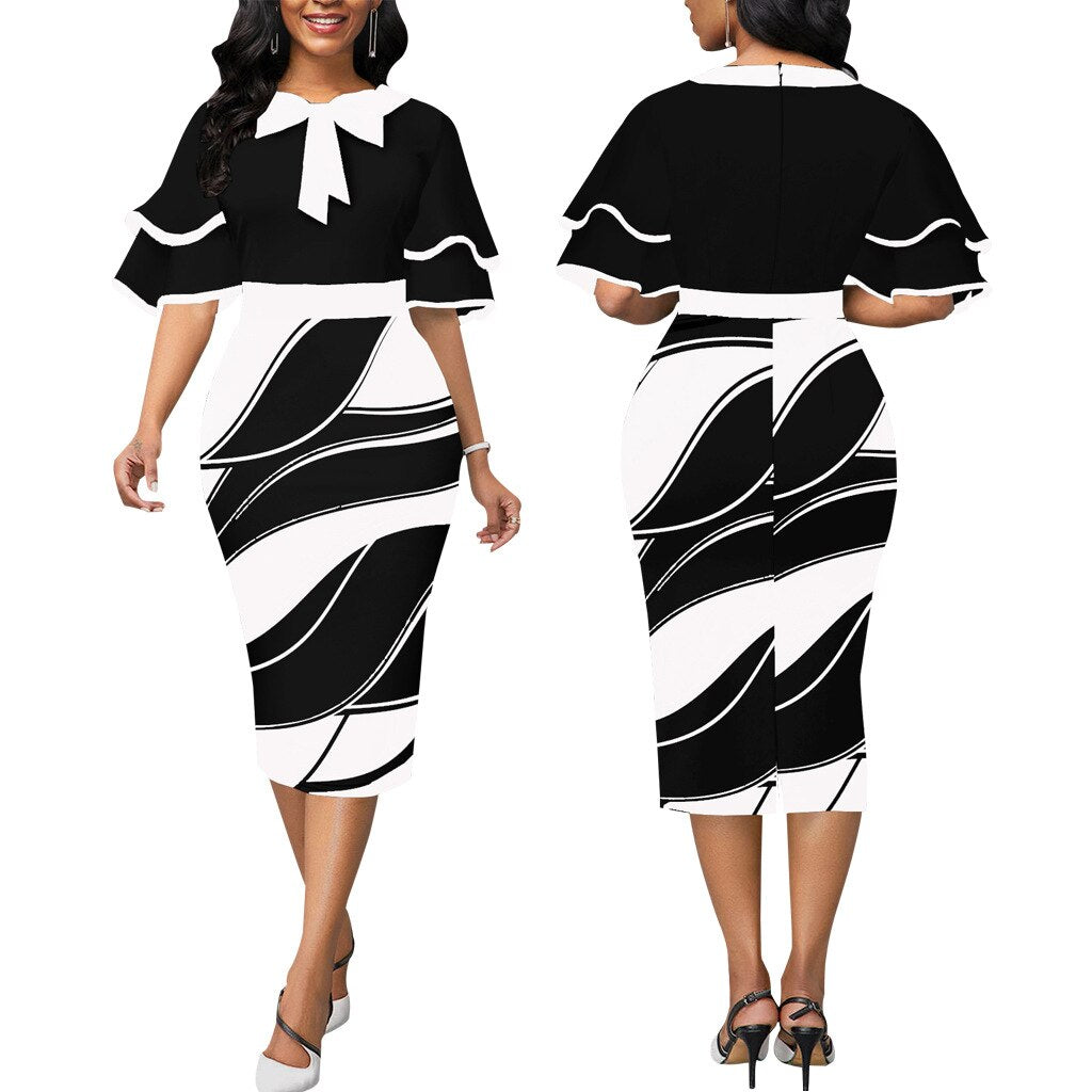 Black and White Ruffle Sleeve Bowtie Bodycon Print Dresses