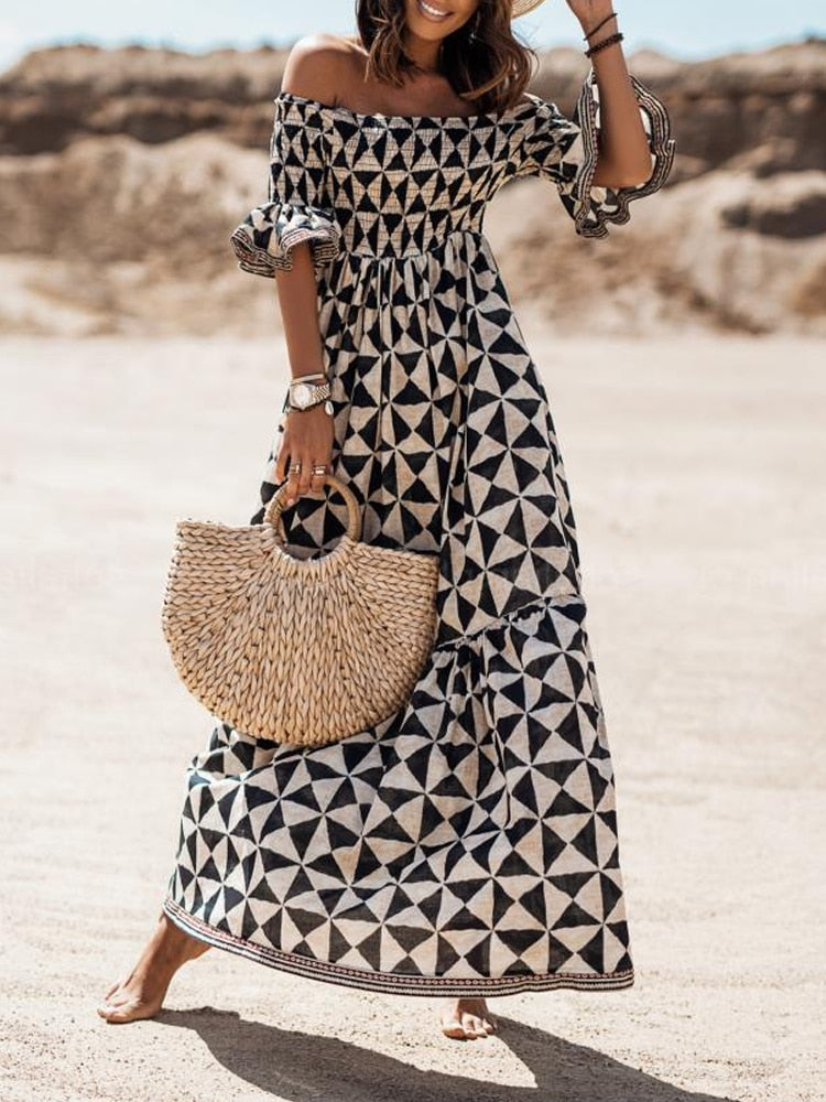 Summer Plaid Print A-line Off the shoulder Boho Beach Dress