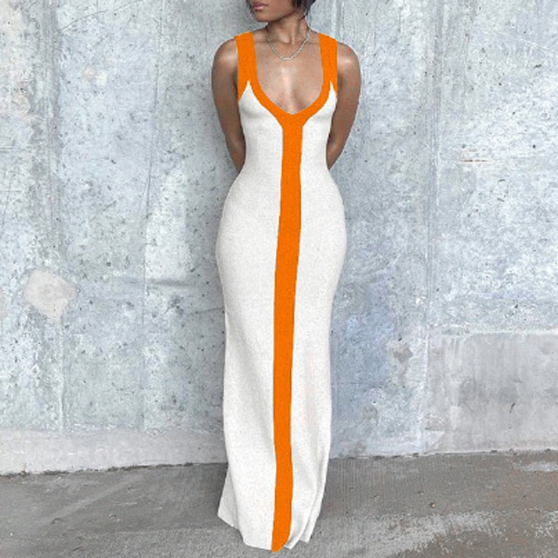 Sexy V-neck Contrasting Slim  Hollow Out Sleeveless High Waist Long Dress