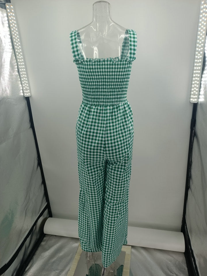 Summer Vintage Holiday Spaghetti Strap Elegant Boho Plaid Jumpsuit