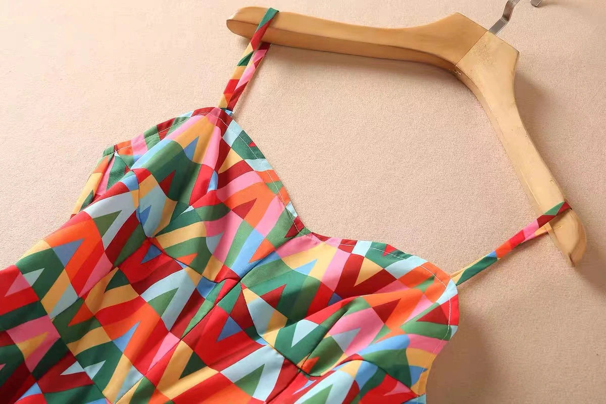 Summer Color Lettered Printed Spaghetti Strap Dress