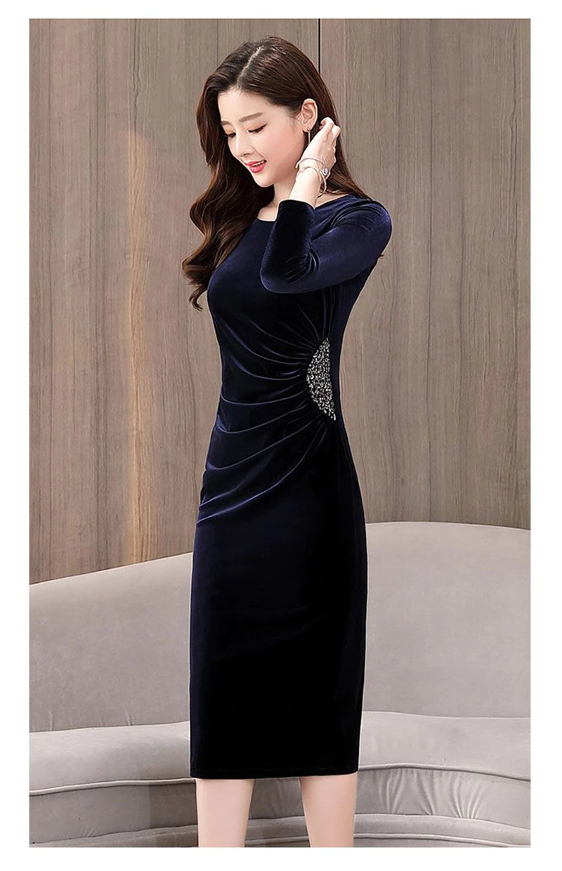 Elegant Long Sleeve Slim Pleated Sequin Velvet Dress
