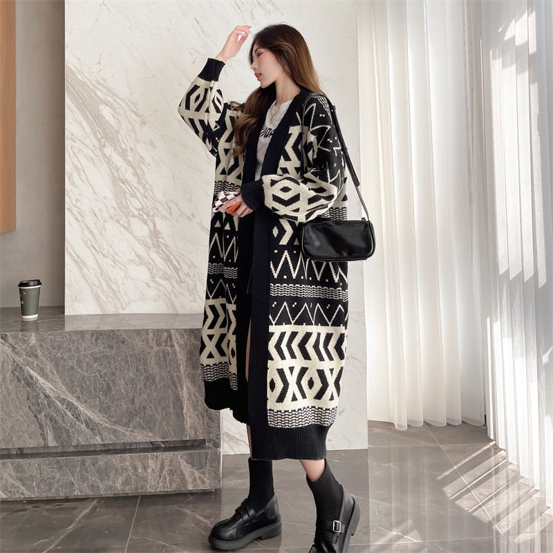 Women Autumn Winter Patchwork Long Knitted Maxi Y2k Sweater Coat