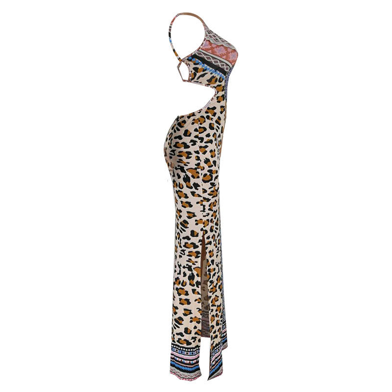 Leopard Print Spaghetti Strap Open Back Slim Maxi Dress