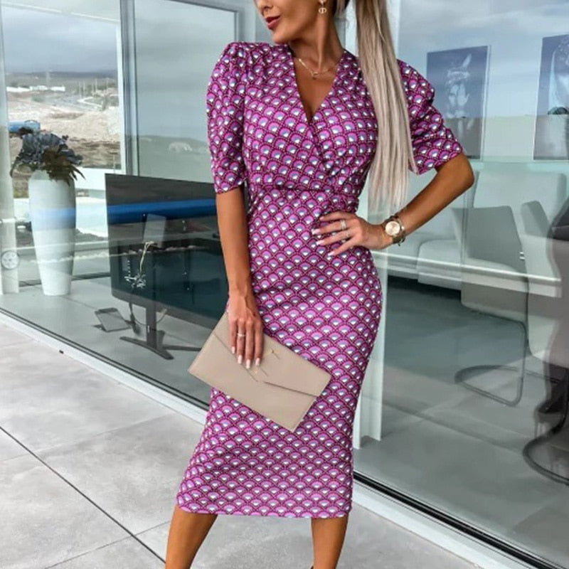 Elegant Graphic Print Deep V-neck Wrap Midi Dress