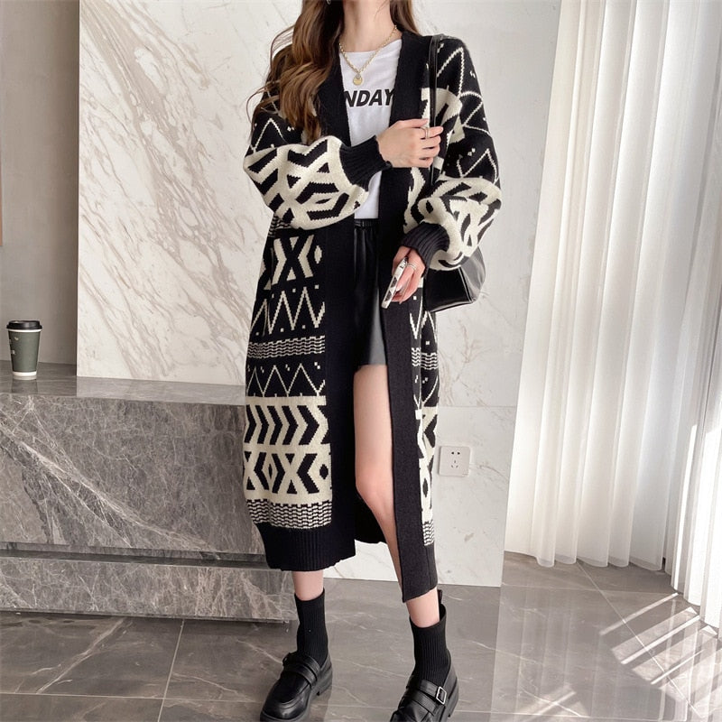 Women Autumn Winter Patchwork Long Knitted Maxi Y2k Sweater Coat