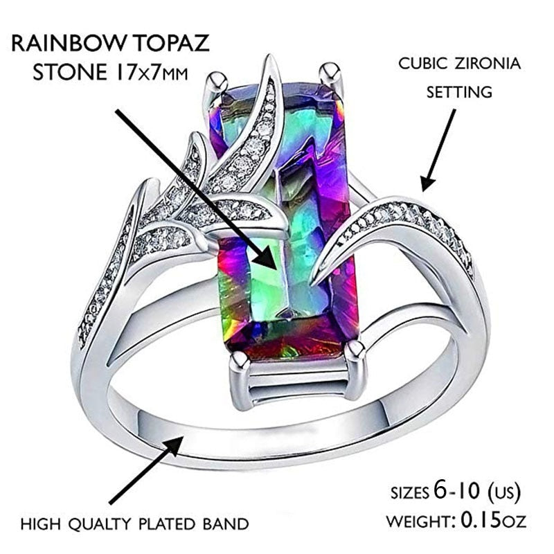 Exquisite Leaf Rainbow Rectangle Stones Cubic Zirconia Rings