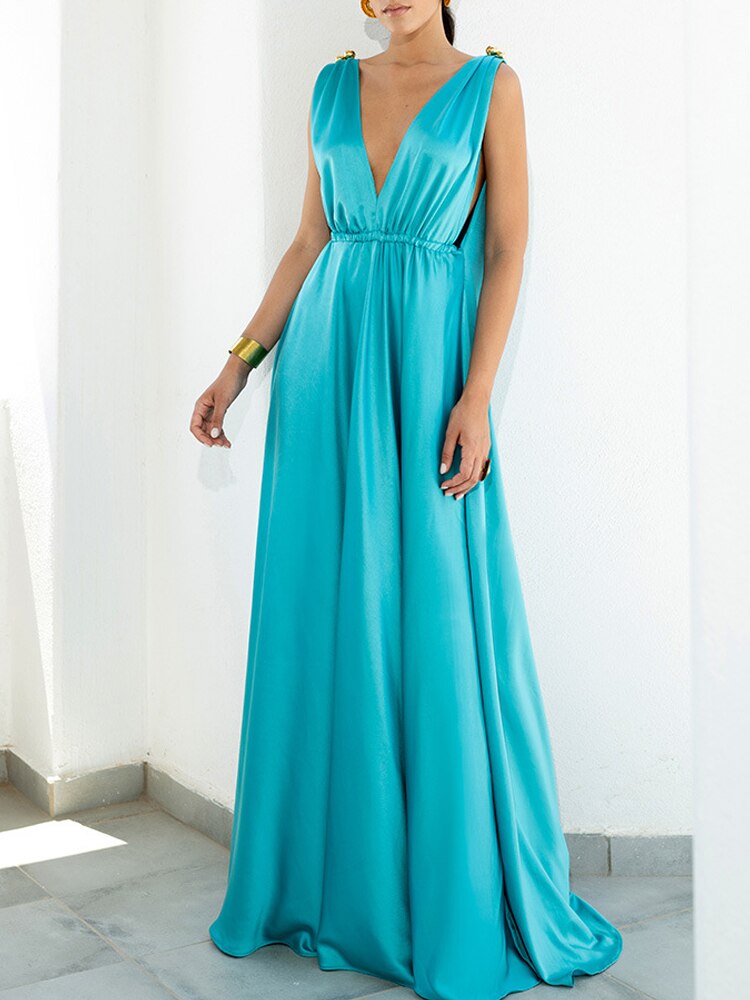 Casual Loose Sleeveless Solid Hollow Out Long Maxi Dress