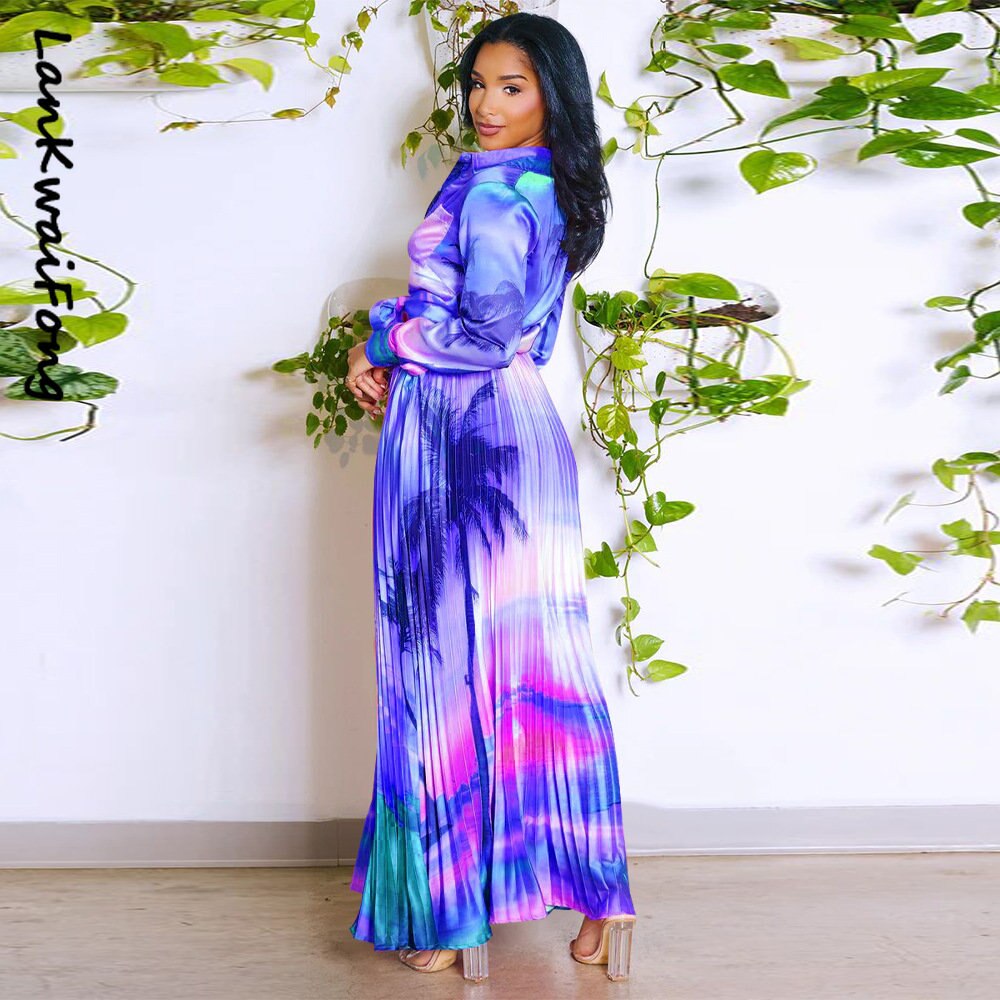 Vintage Tie Dye Leaf Printed Long Sleeve Shirt and Pleated Maxi Skirt