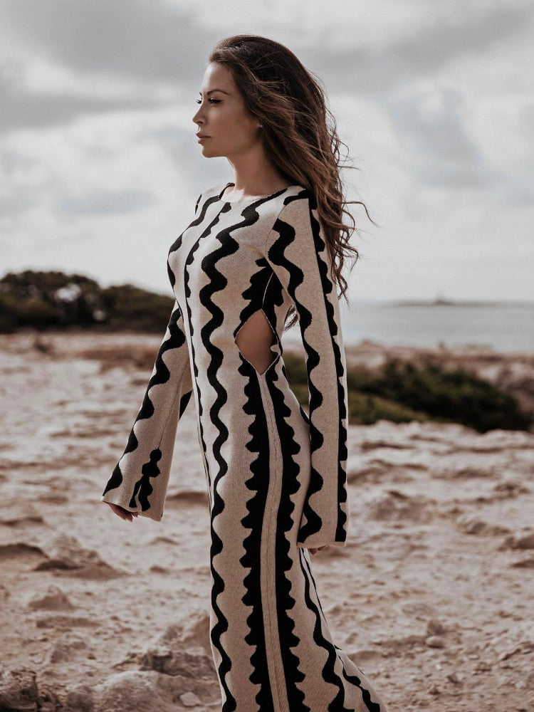 Autumn Flare Long Sleeve Bodycon Wave Knitted Maxi Dress