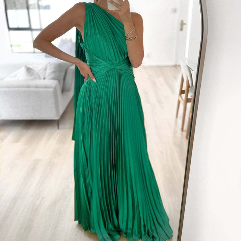 Sexy Off Shoulder Oblique Collar Pleated Maxi Dress