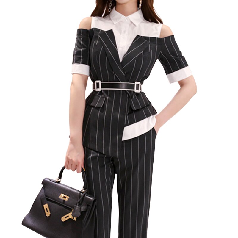 Women Single Breasted Stripe Notched Suits