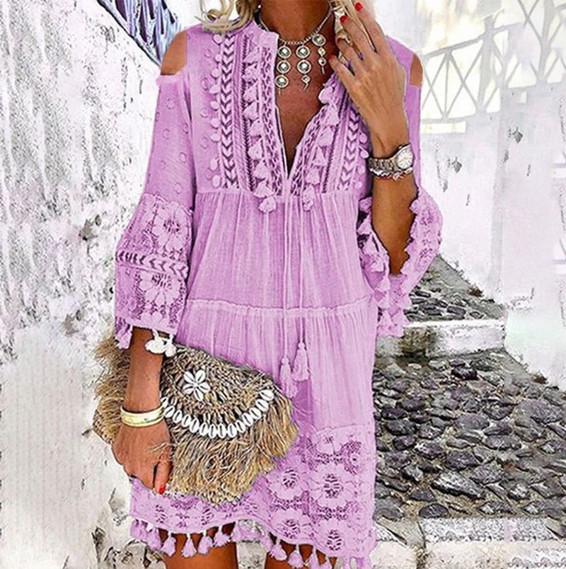 Long Sleeve Tassel Fringe Lace Deep V-Neck Shift Dress