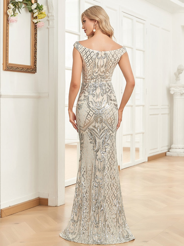 Elegant V Neck Light Silver Sequin Evening Dress