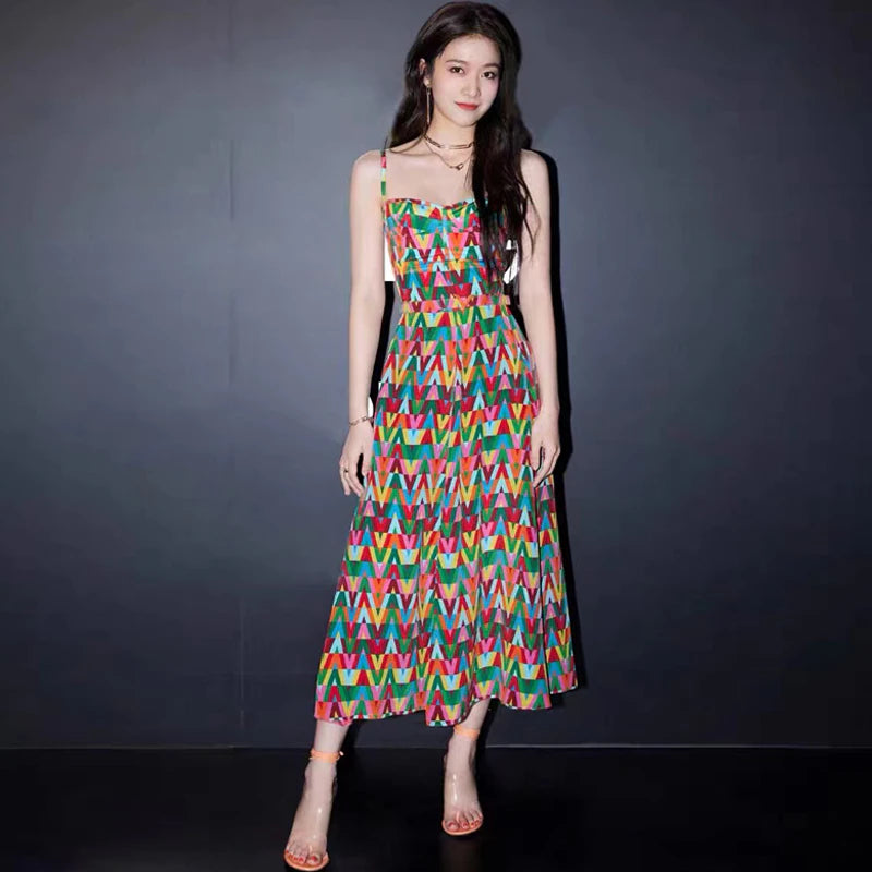 Summer Color Lettered Printed Spaghetti Strap Dress