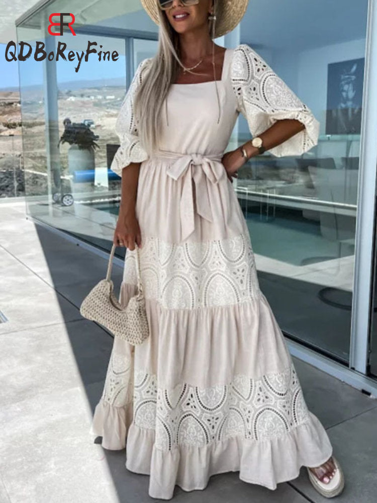 Lace Hollow Out Square Collar Short Sleeve Maxi Dress with Belt