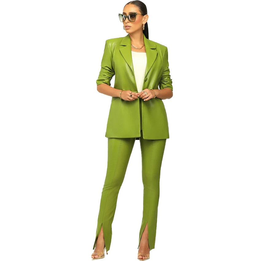 PU Leather  2 Piece Set Notch Neck Blazer High Waist Pants