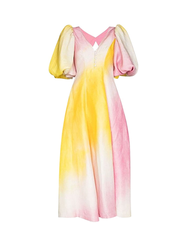 Rainbow Short Lantern Sleeve V-neck Button Fashion High Waist Dresses