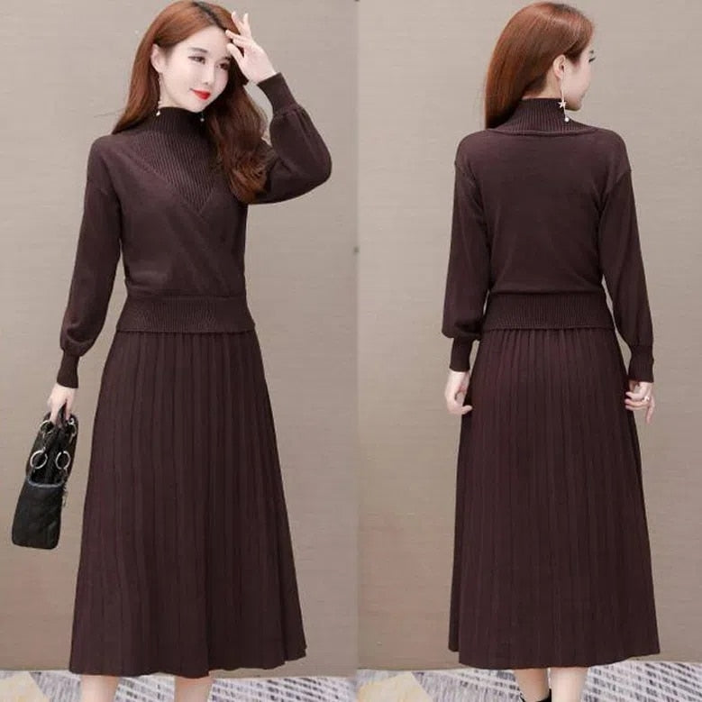 Casual Half Turtleneck Sleeveless Mid-Length Knitted Dress And Solid Pullover Sweater Suit