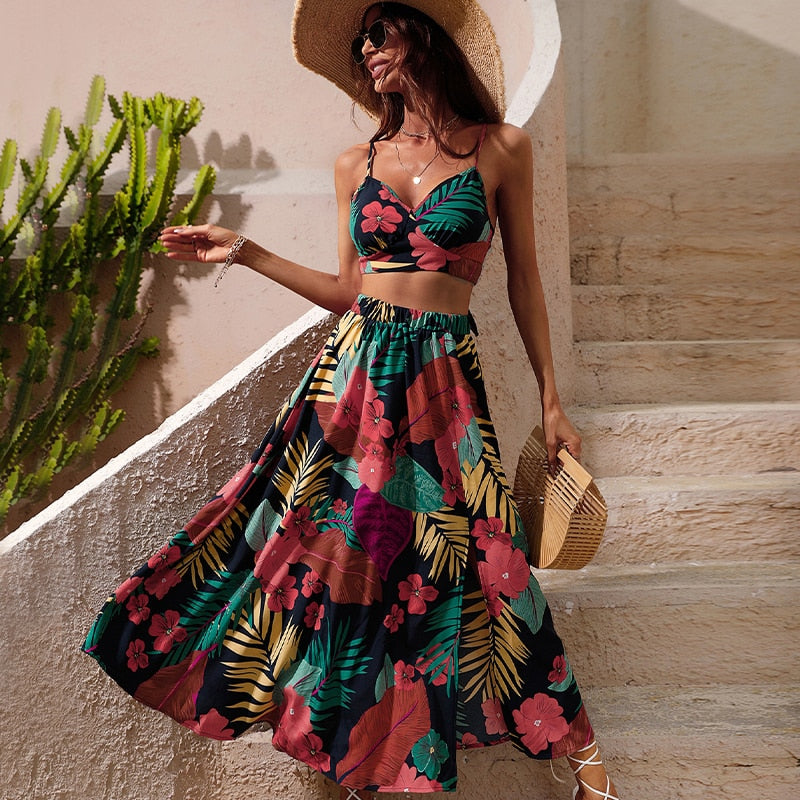 Bikini Crop Tops Floral Print Maxi Skirt Boho Set