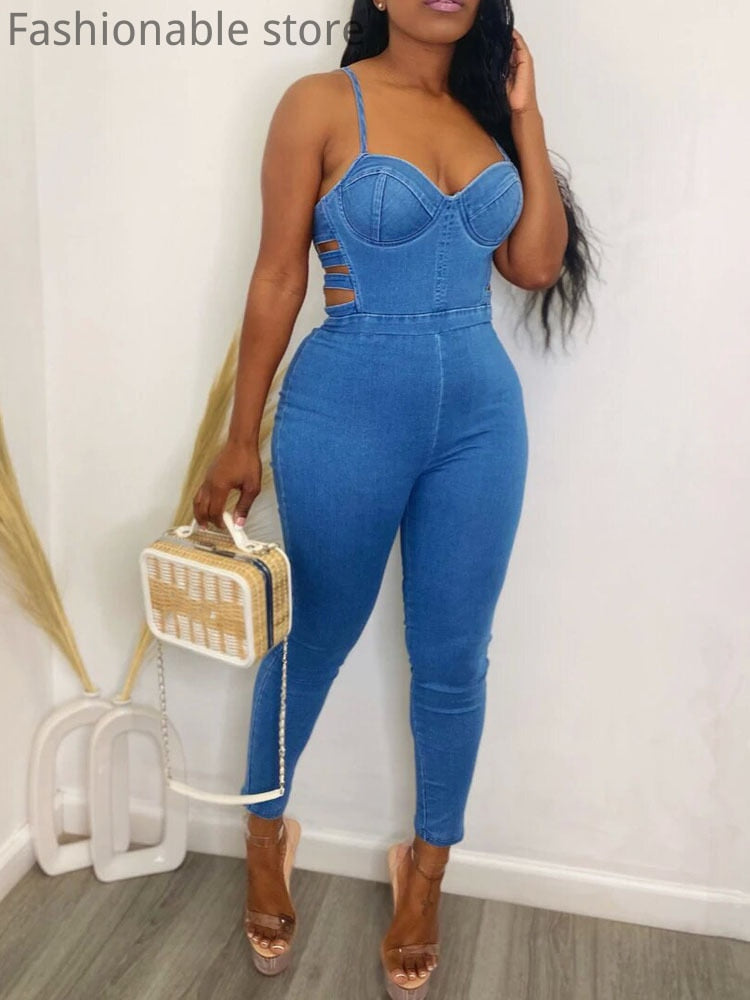 Spaghetti Strap Sleeveless Backless Side Hollow Skinny Jumpsuit