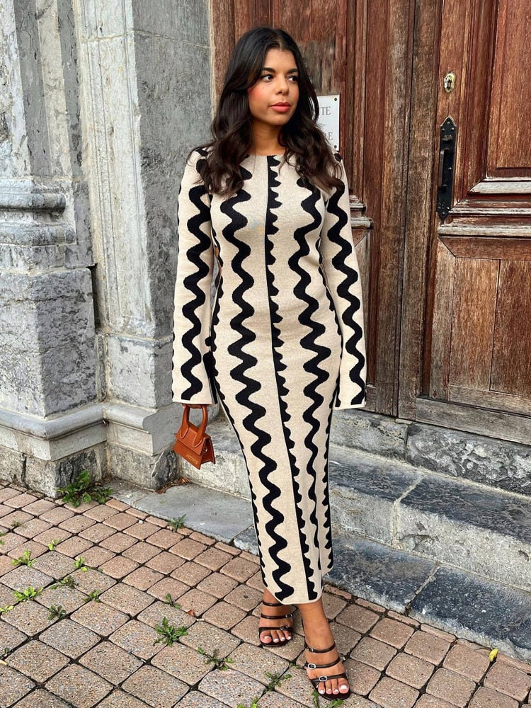 Autumn Flare Long Sleeve Bodycon Wave Knitted Maxi Dress