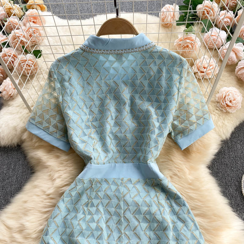 Summer Elegant Short-sleeved Turn Down Collar Buttons Geometric Dress