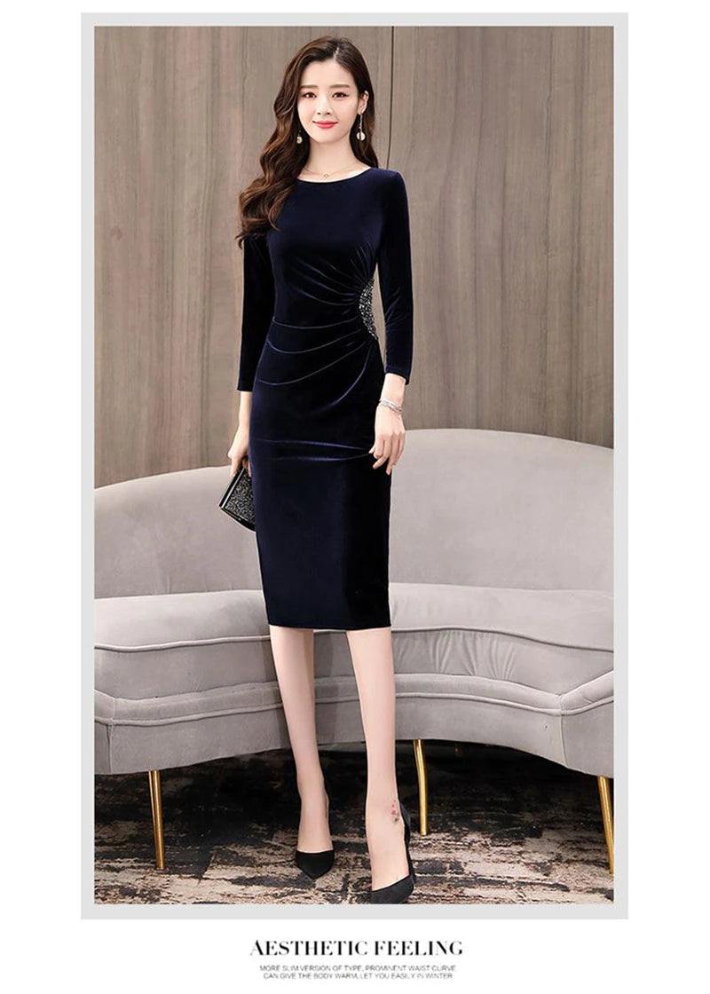 Elegant Long Sleeve Slim Pleated Sequin Velvet Dress