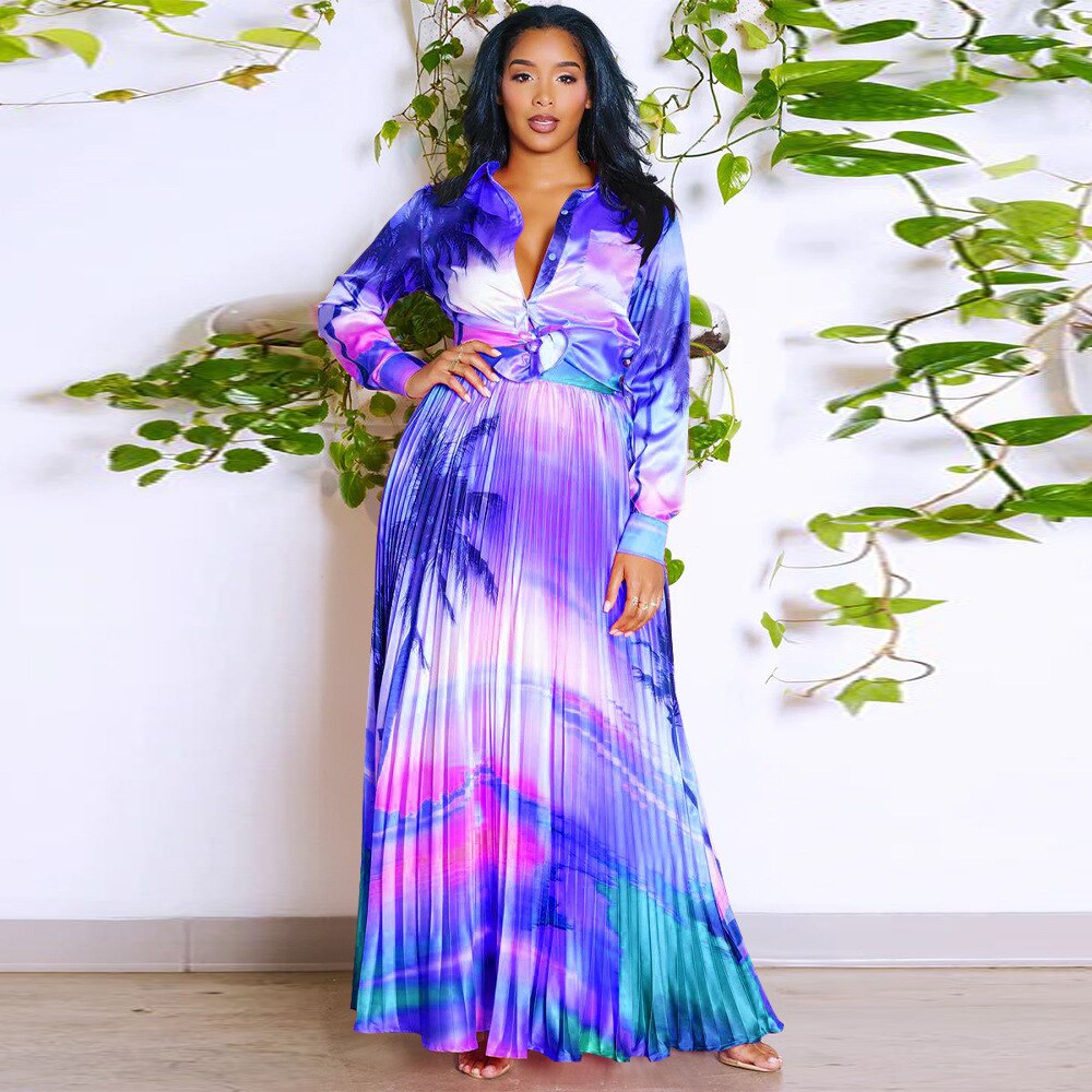 Vintage Tie Dye Leaf Printed Long Sleeve Shirt and Pleated Maxi Skirt