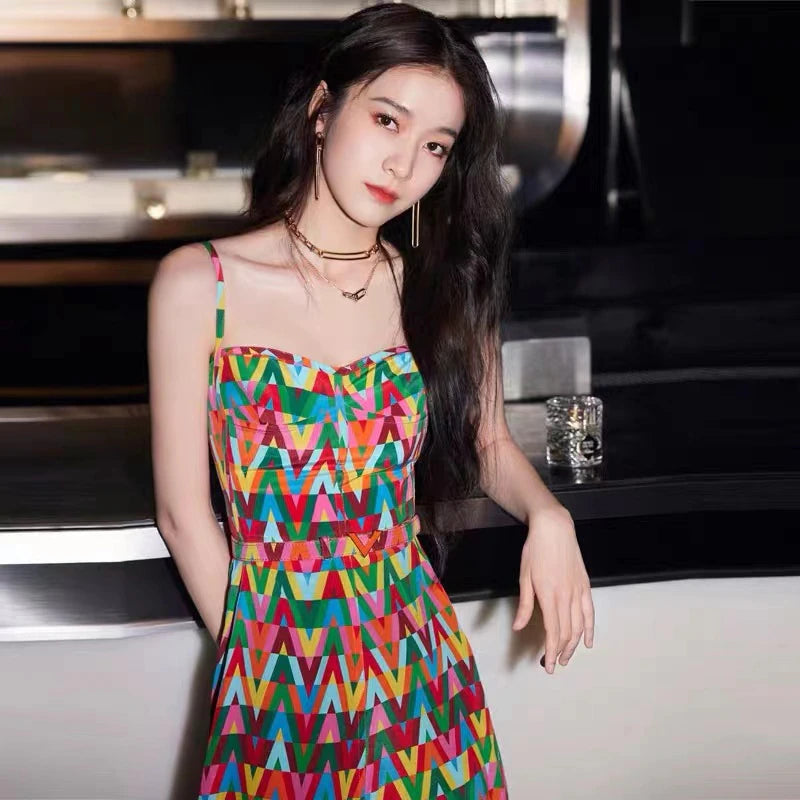 Summer Color Lettered Printed Spaghetti Strap Dress