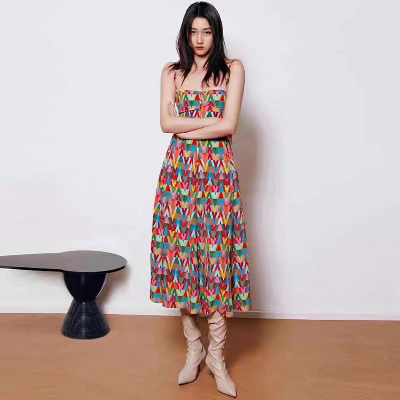 Summer Color Lettered Printed Spaghetti Strap Dress
