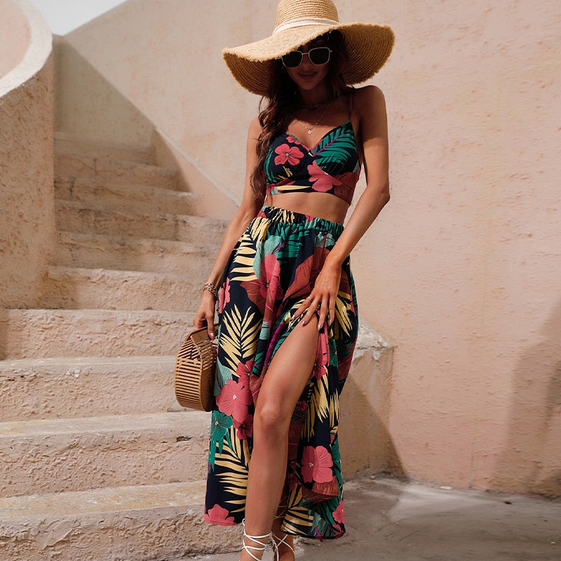 Bikini Crop Tops Floral Print Maxi Skirt Boho Set