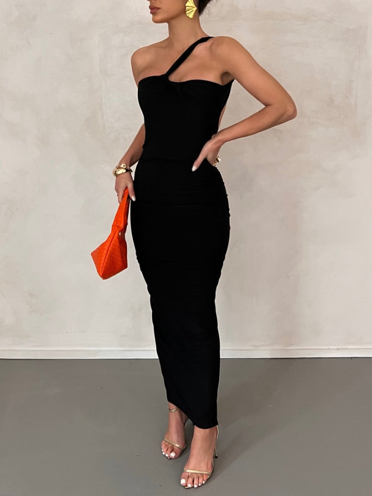 One Shoulder Draped Backless Maxi Dress