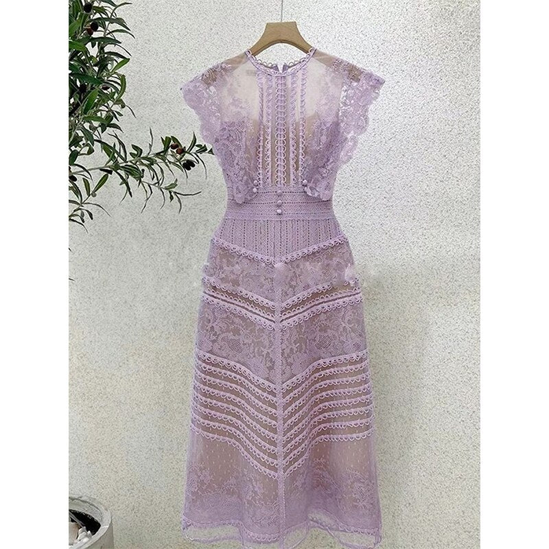 Luxury Purple Vintage Embroidery Flower O-neck Bodycon Dresses