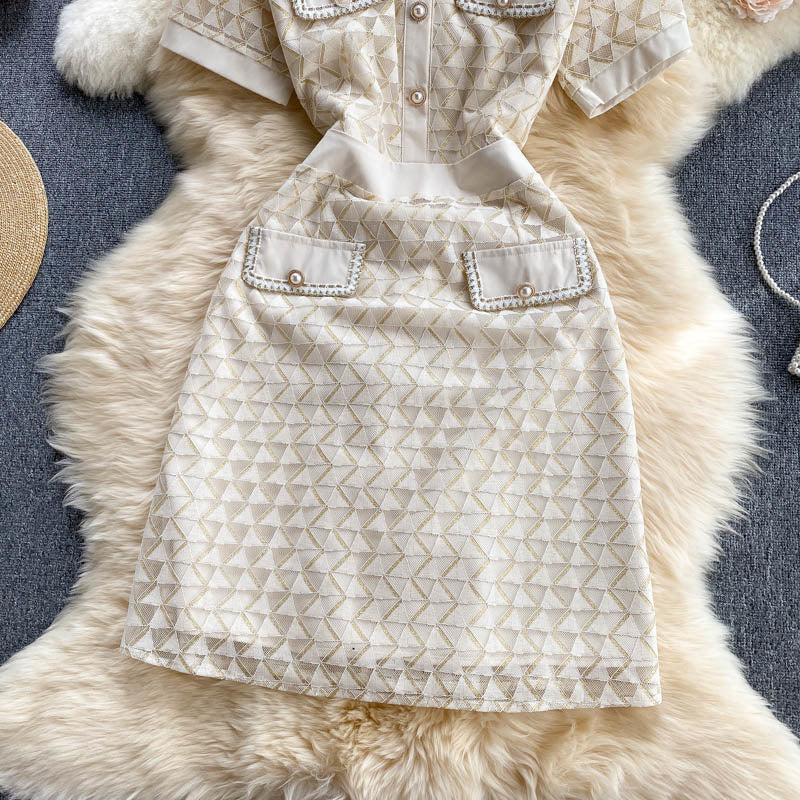 Summer Elegant Short-sleeved Turn Down Collar Buttons Geometric Dress